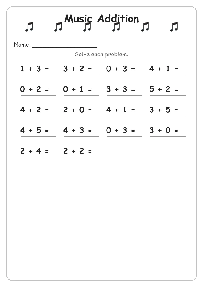 Music addition worksheet for Kindergarten
