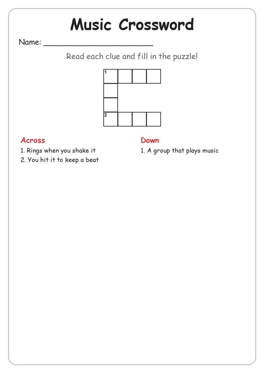 Music crossword worksheet for Grade 1