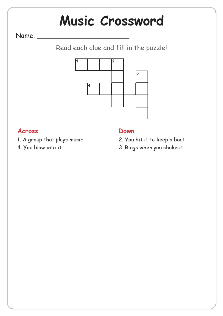 Music crossword worksheet for Grade 2