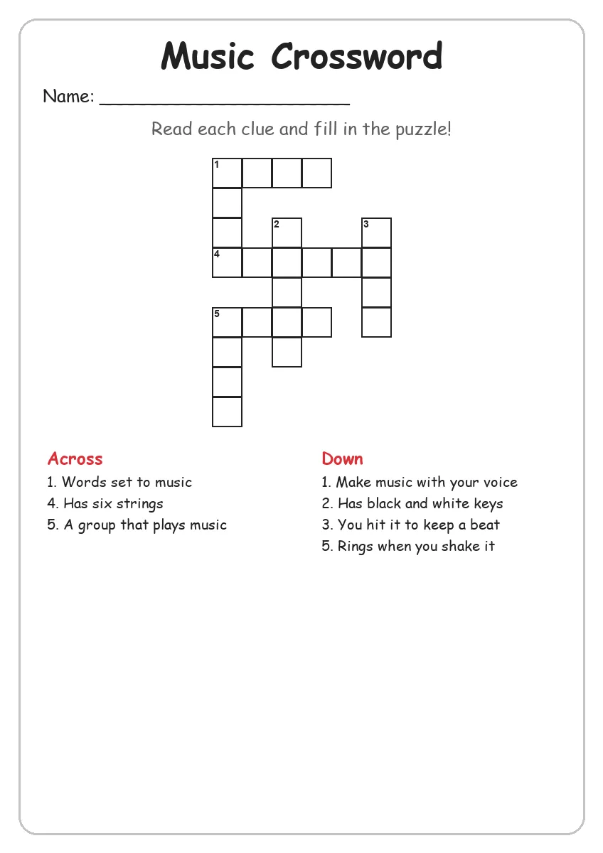 Music crossword worksheet for Grade 3