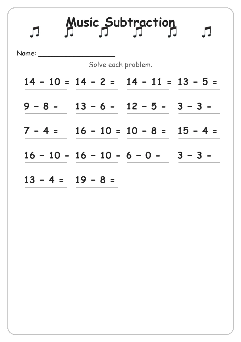 Music subtraction worksheet for Grade 1
