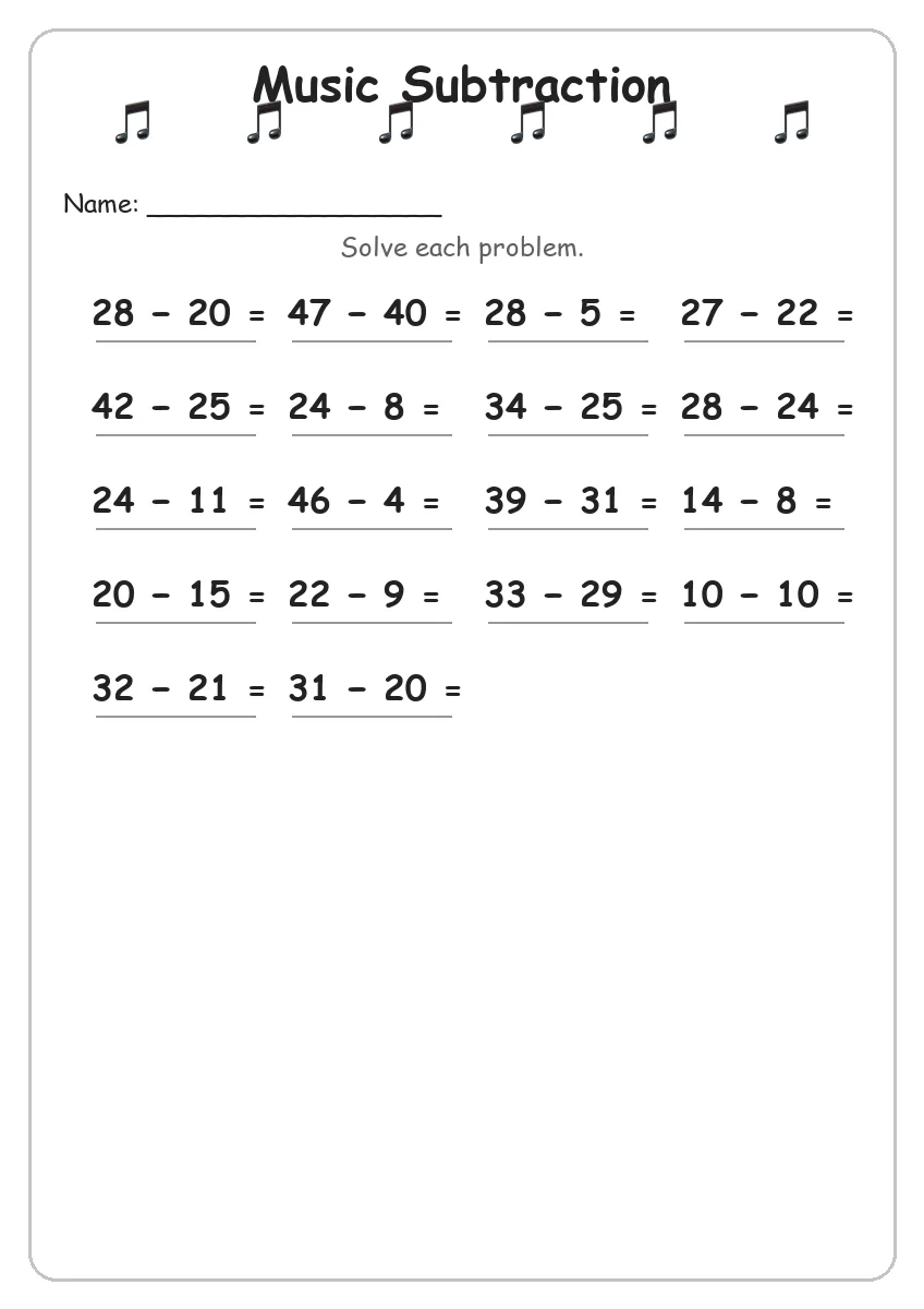 Music subtraction worksheet for Grade 2