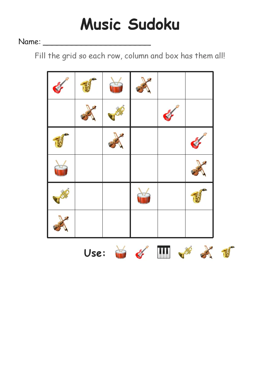 Music Sudoku 6x6 (Grade 2) worksheet for Grade 2