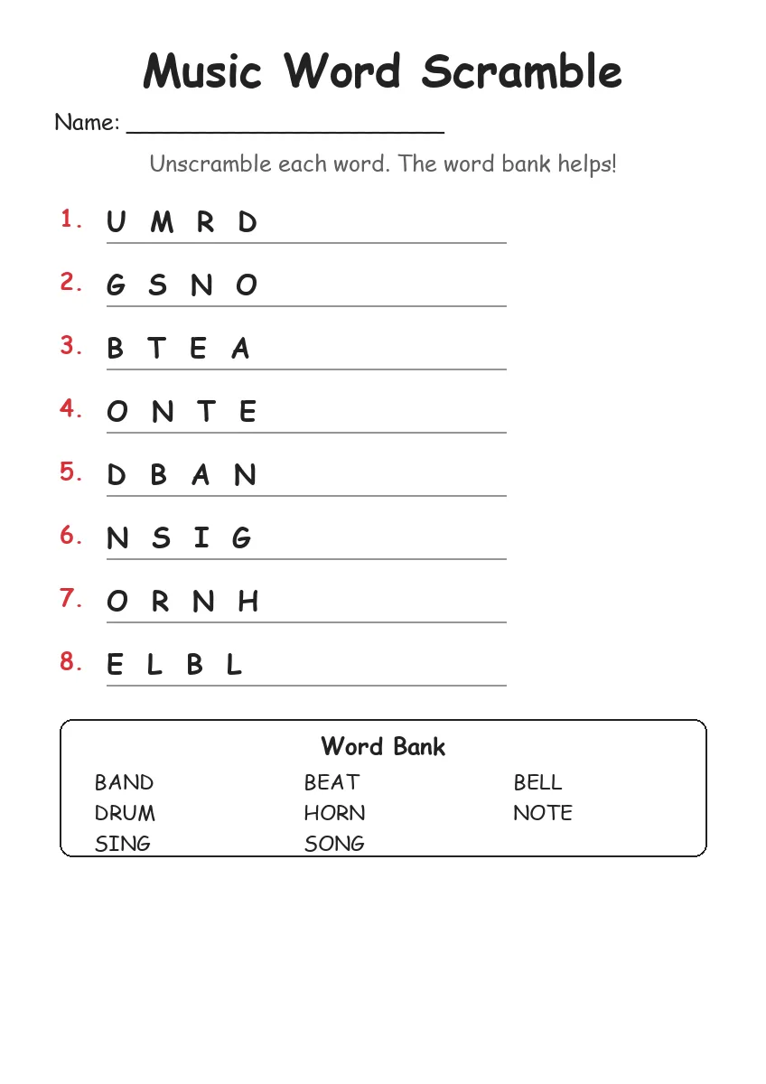 Music word scramble worksheet for Grade 1