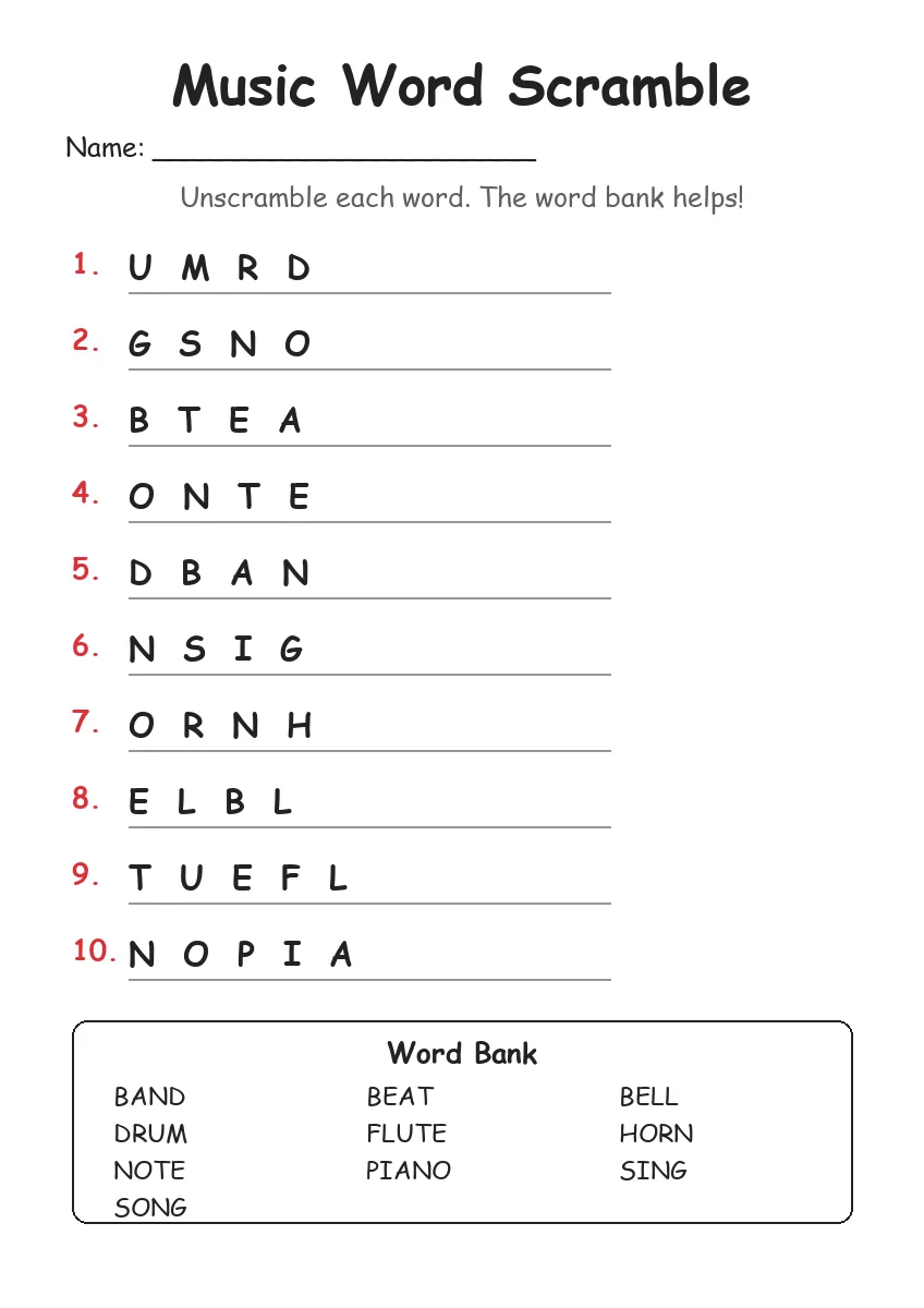 Music word scramble worksheet for Grade 3