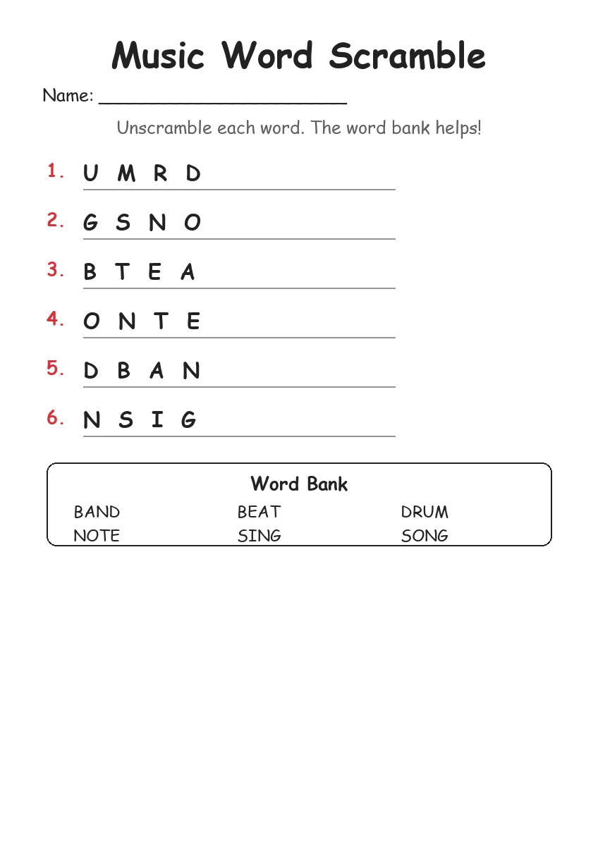 Music word scramble worksheet for Kindergarten