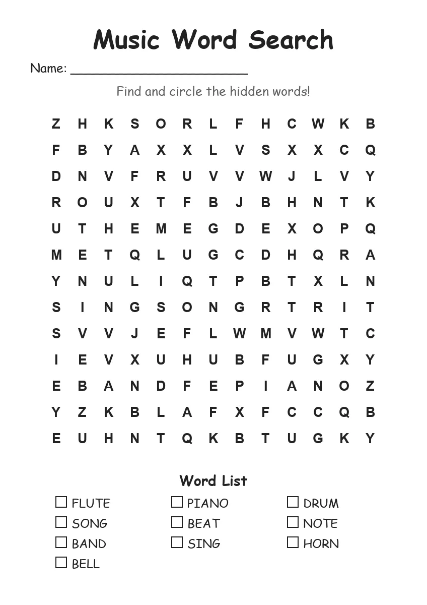 Music word search worksheet for Grade 2