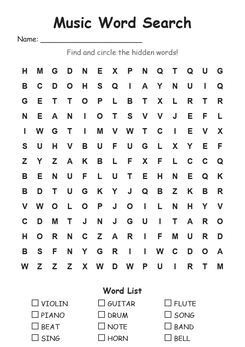 Music word search worksheet for Grade 3