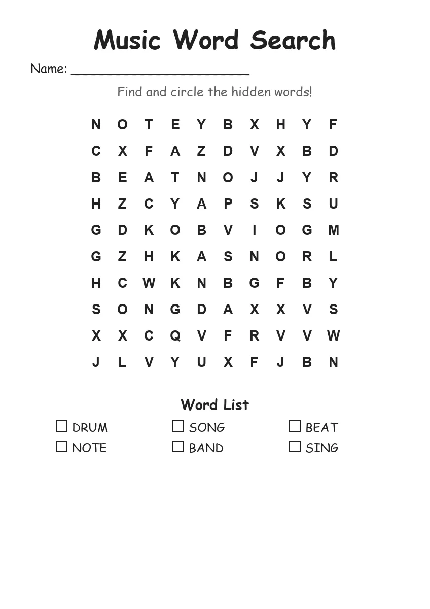 Music word search worksheet for Kindergarten