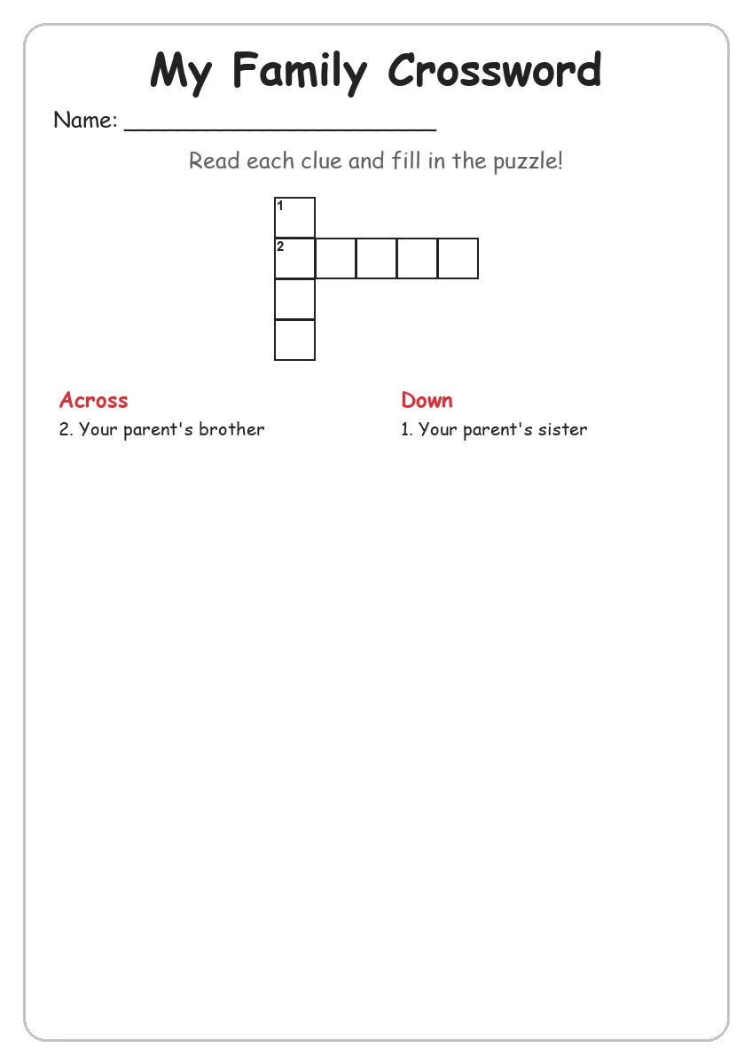 My Family crossword worksheet for Grade 1