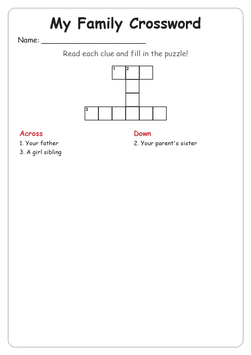 My Family crossword worksheet for Grade 2