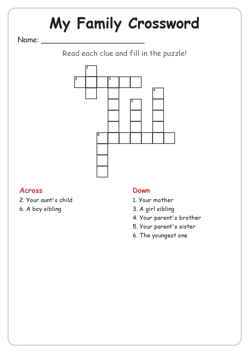 My Family crossword worksheet for Grade 3