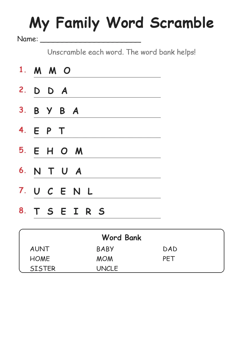 My Family word scramble worksheet for Grade 1
