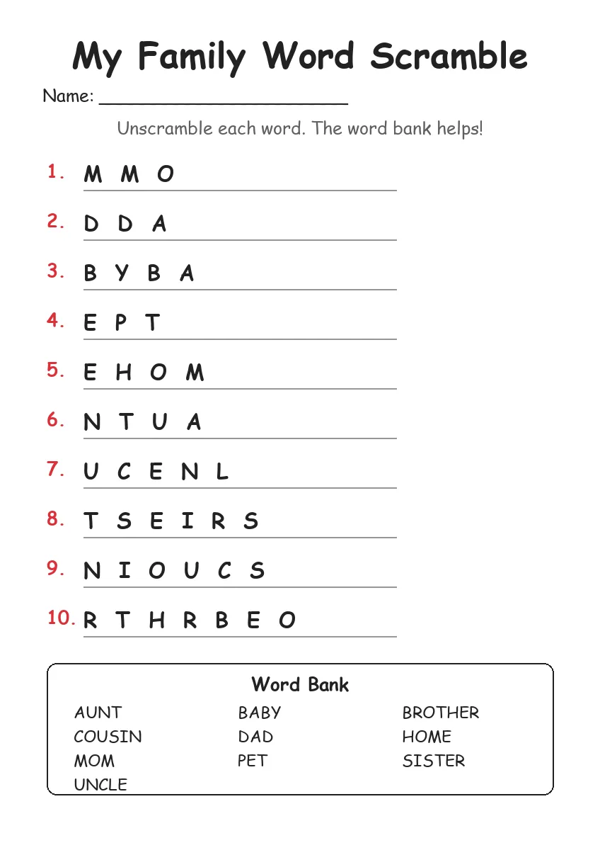 My Family word scramble worksheet for Grade 2