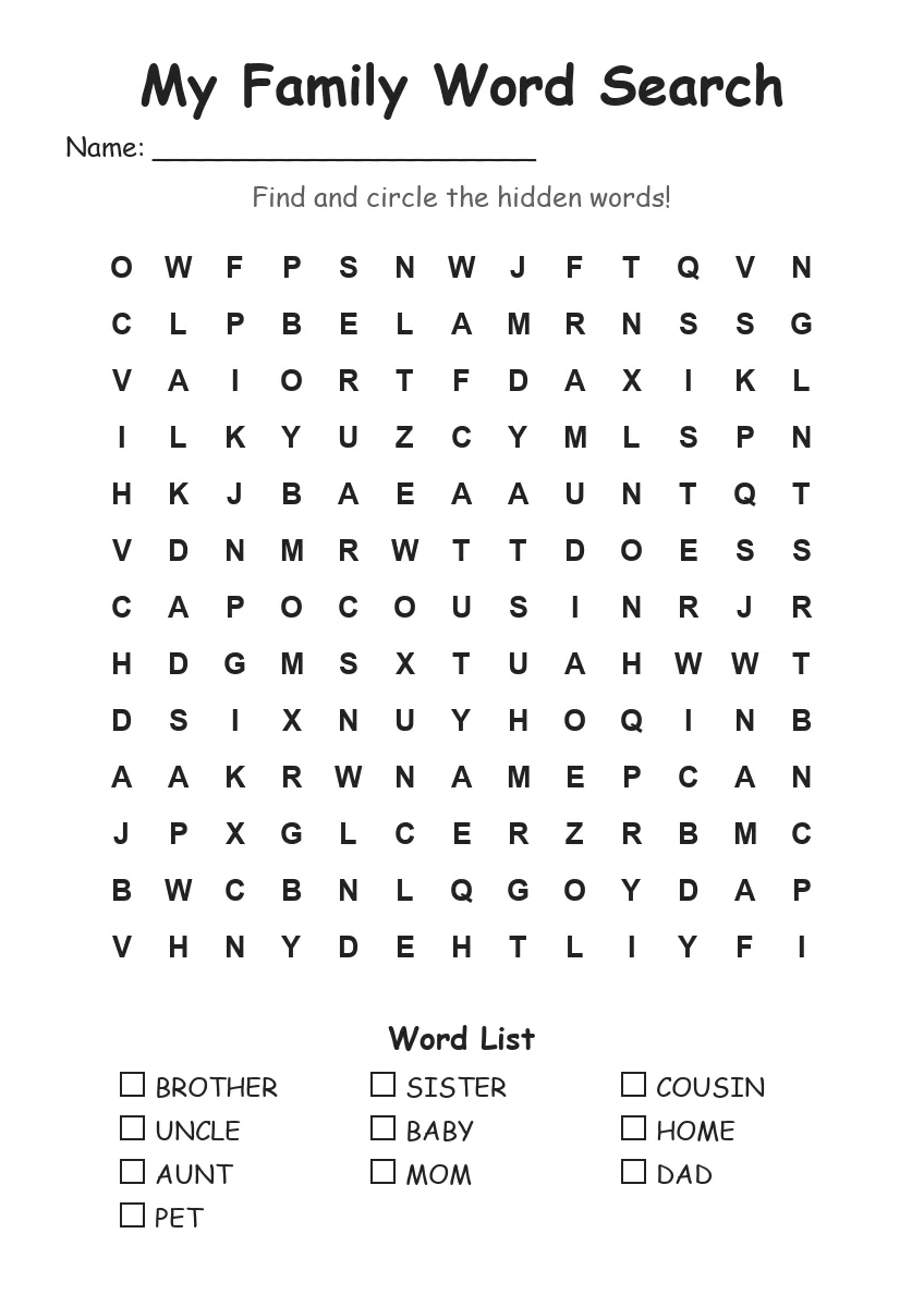 My Family word search worksheet for Grade 2