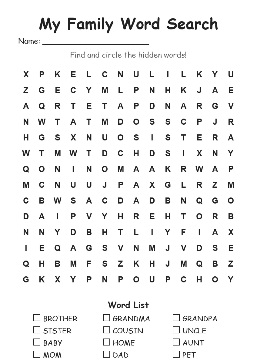 My Family word search worksheet for Grade 3