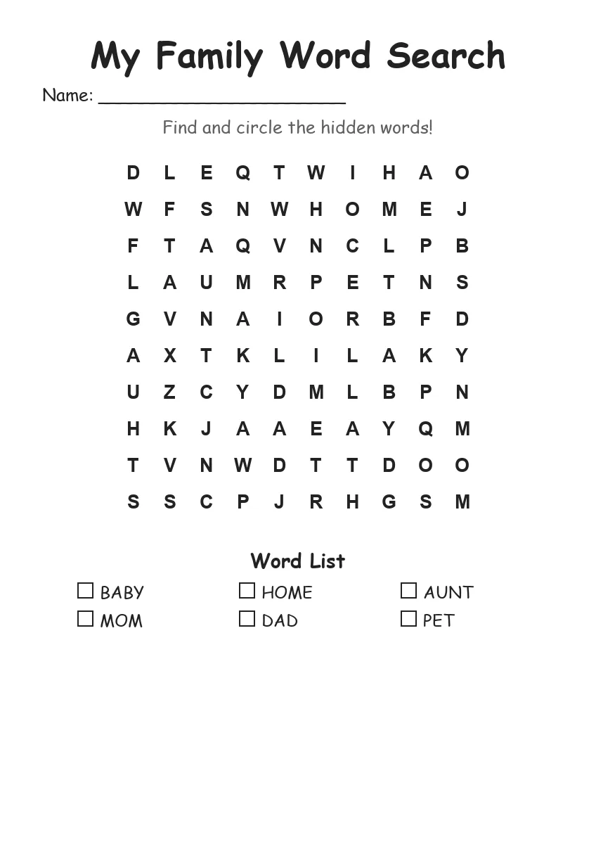 My Family word search worksheet for Kindergarten