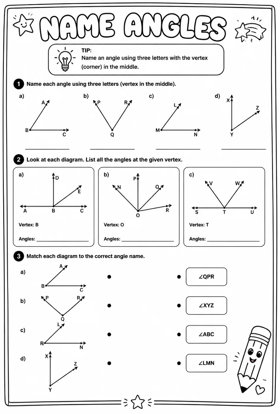 Name angles — free printable Grade 6 math worksheet