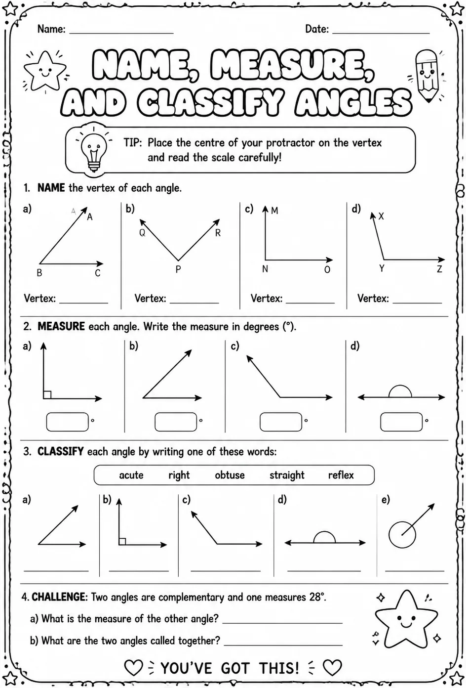Name, measure, and classify angles — free printable Grade 7 math worksheet