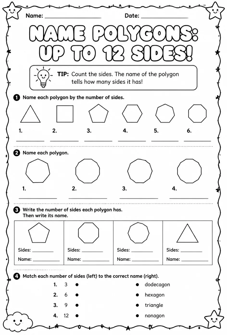 Name polygons: up to 12 sides — free printable Grade 2 math worksheet