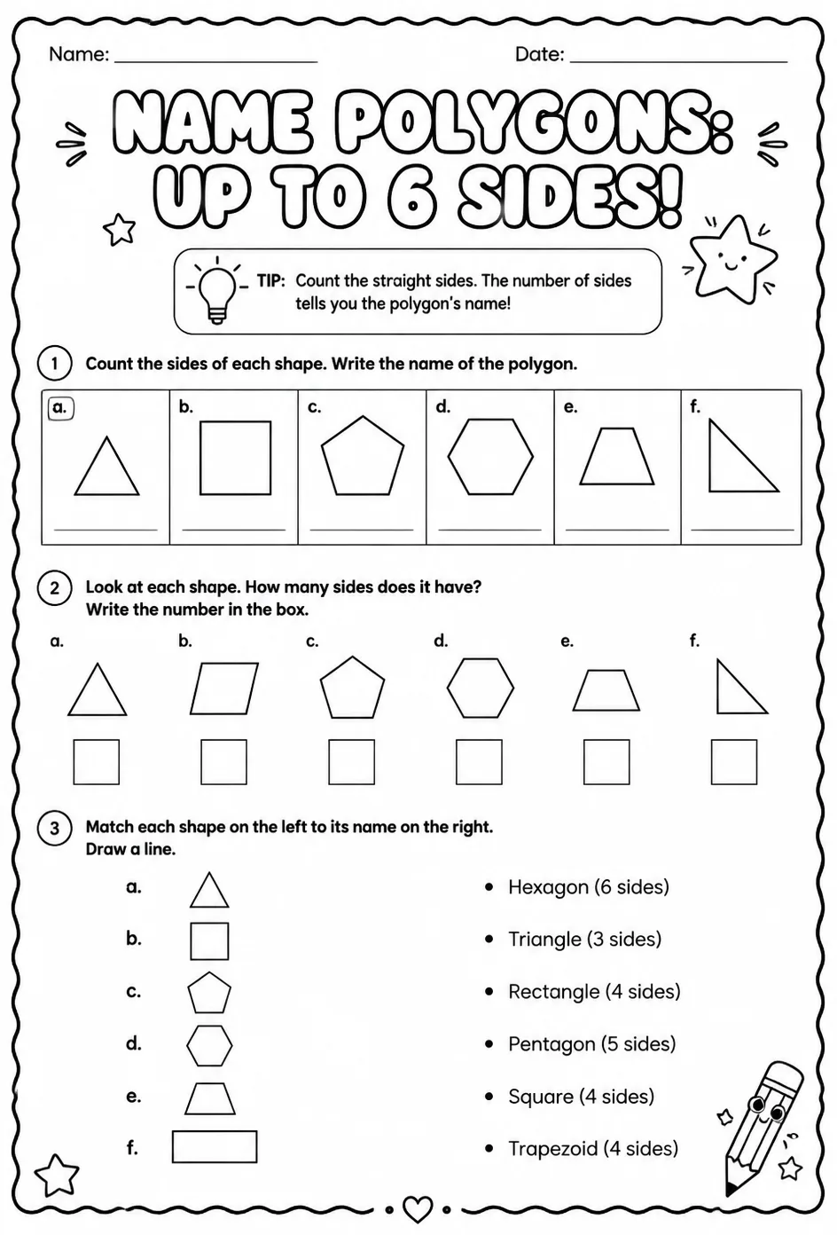 Name polygons: up to 6 sides — free printable Grade 2 math worksheet