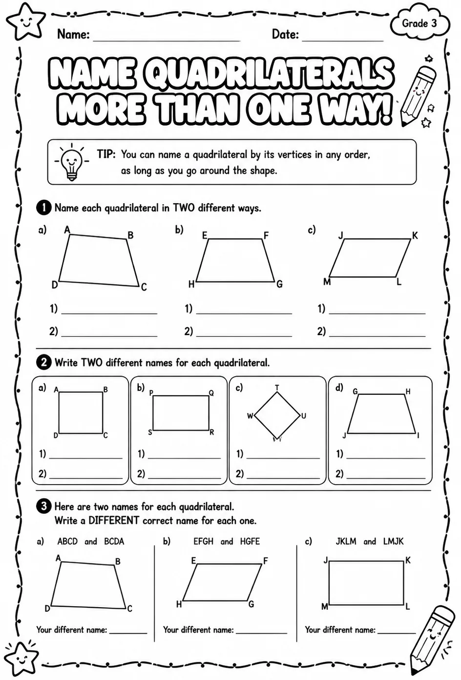 Name quadrilaterals more than one way — free printable Grade 3 math worksheet