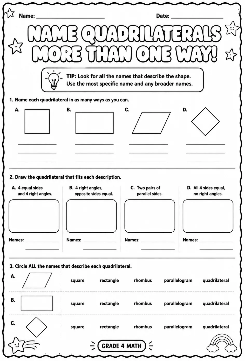 Name quadrilaterals more than one way — free printable Grade 4 math worksheet