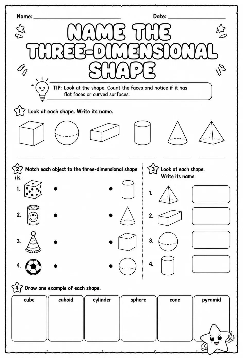 Name the three-dimensional shape — free printable Grade 1 math worksheet