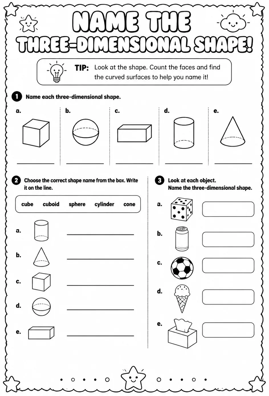 Name the three-dimensional shape — free printable Grade 2 math worksheet