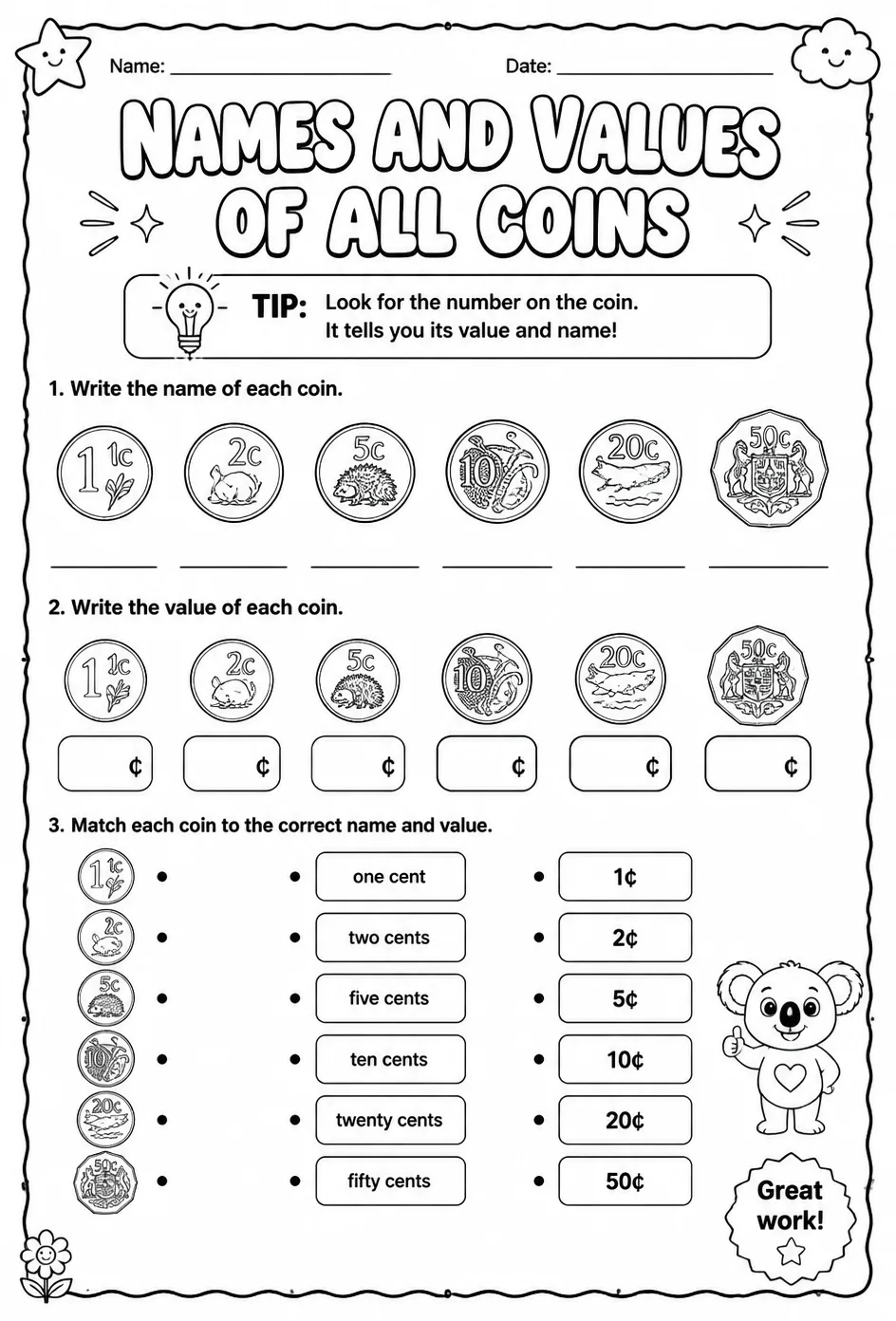 Names and values of all coins — free printable Grade 1 math worksheet