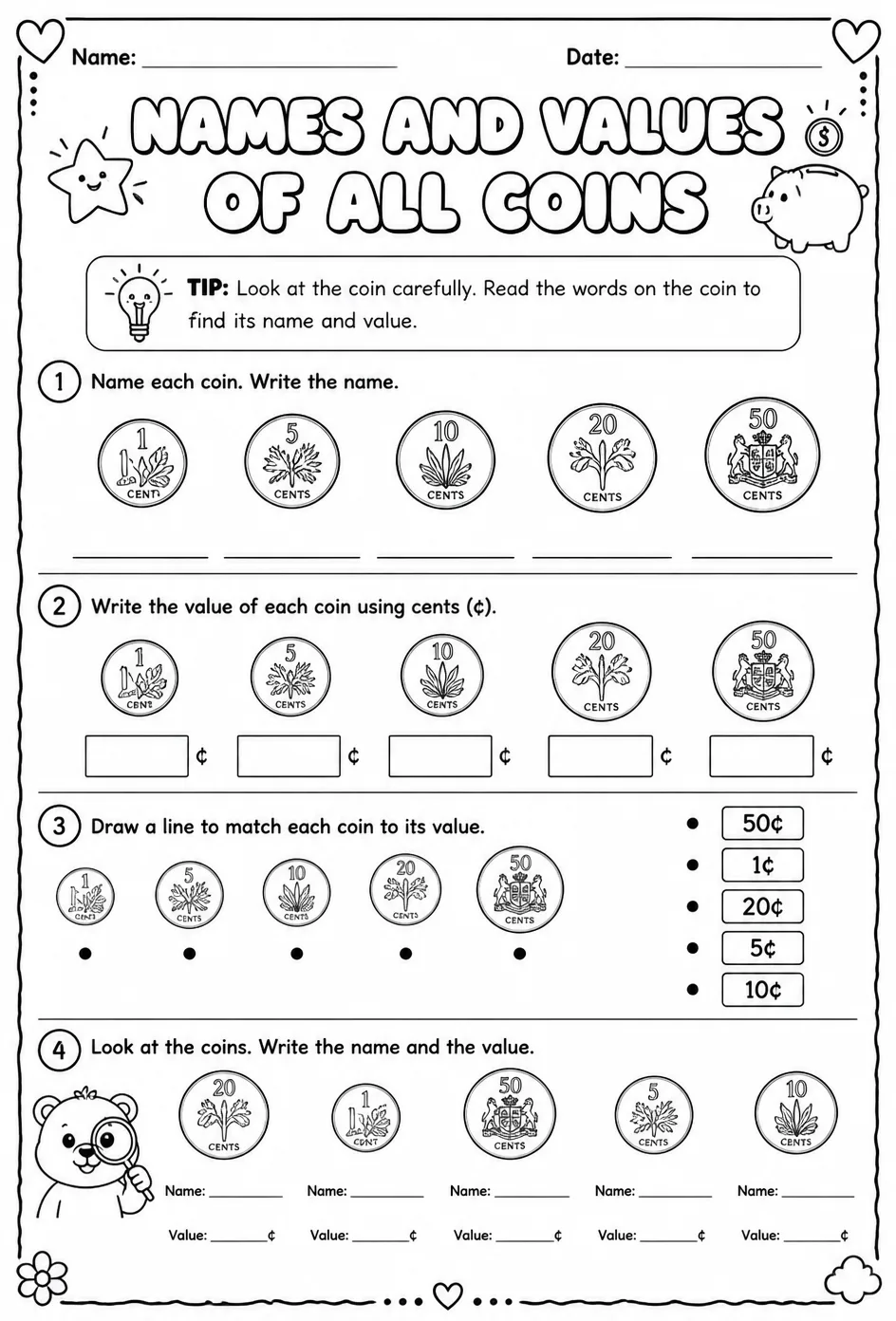 Names and values of all coins — free printable Grade 2 math worksheet