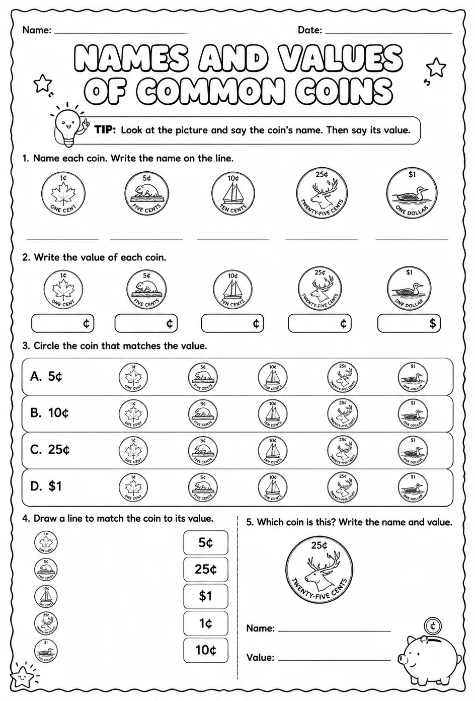 Names and values of common coins — free printable Grade 1 math worksheet
