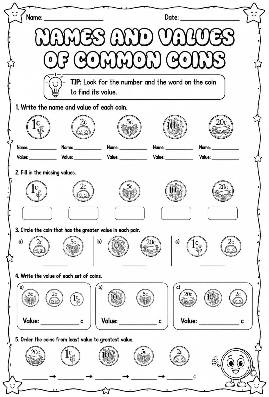 Names and values of common coins — free printable Grade 2 math worksheet