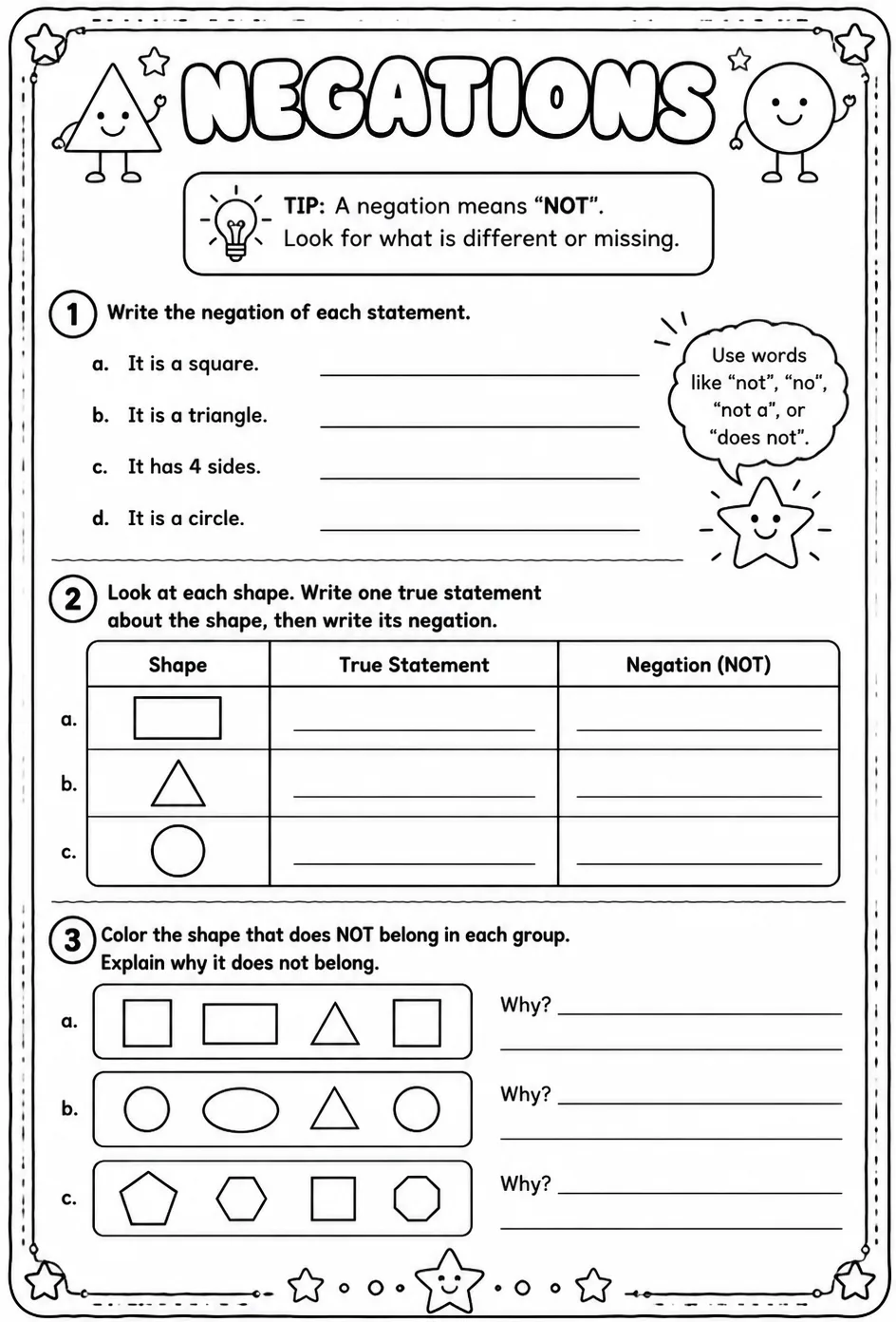 Negations — free printable Geometry math worksheet