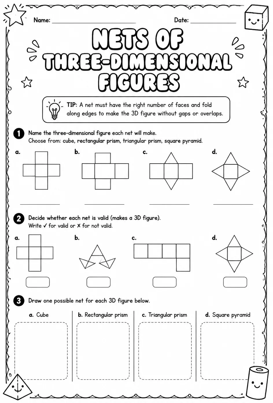 Nets of three-dimensional figures — free printable Grade 6 math worksheet
