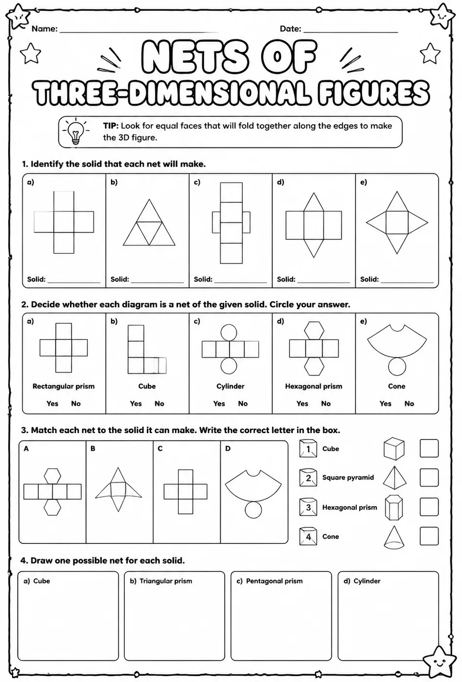 Nets of three-dimensional figures — free printable Grade 7 math worksheet