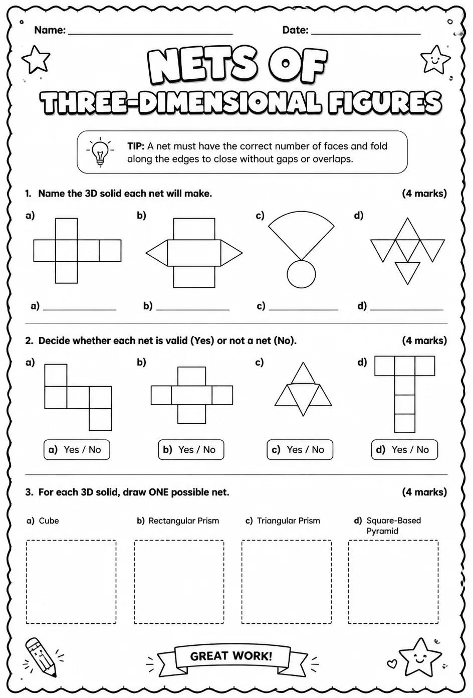 Nets of three-dimensional figures — free printable Grade 8 math worksheet