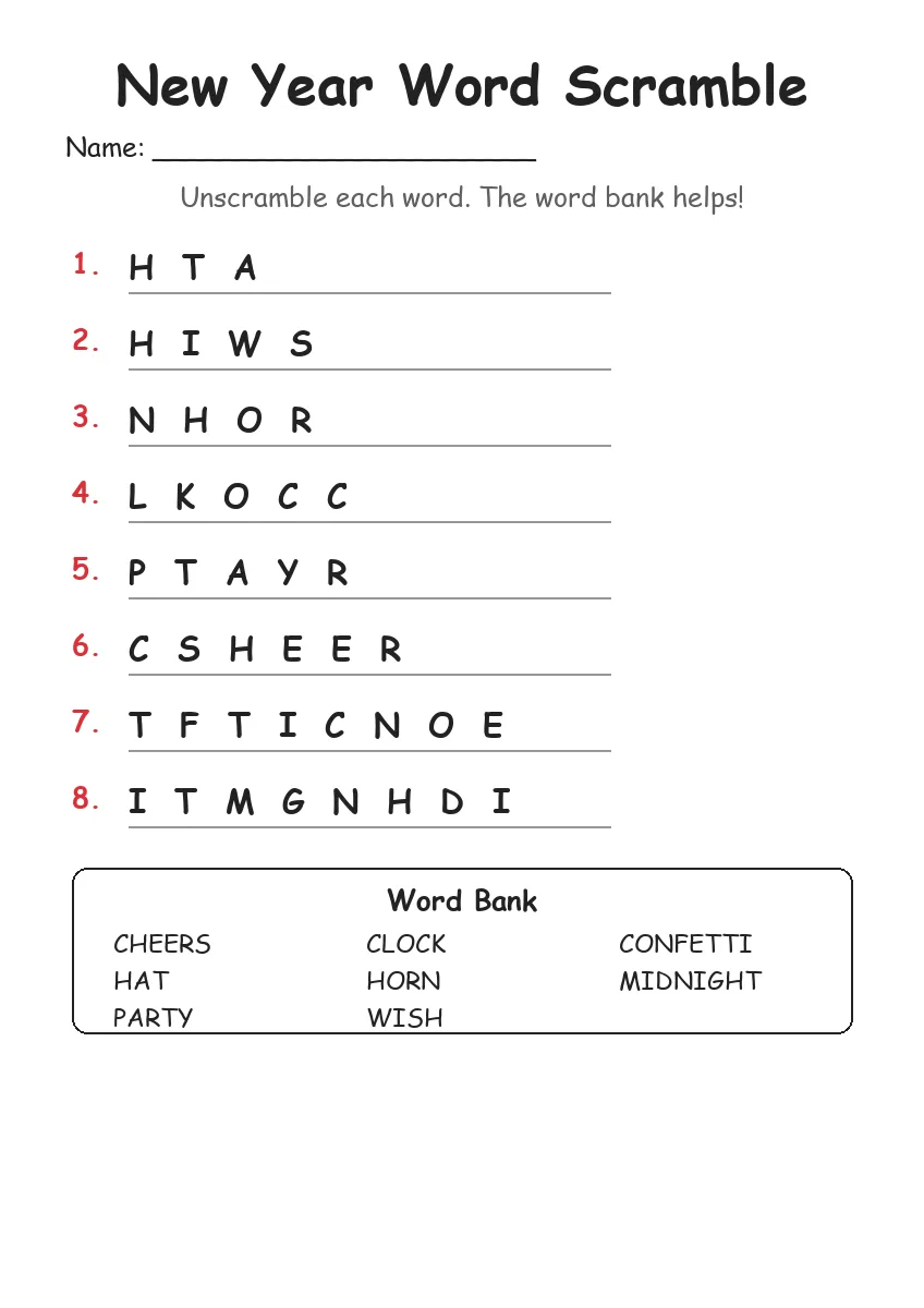 New Year word scramble worksheet for Grade 1