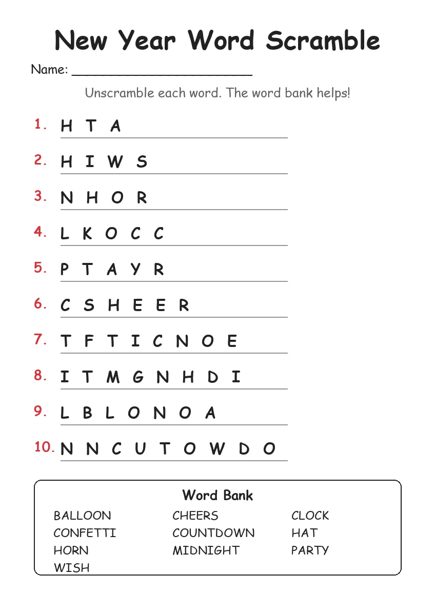 New Year word scramble worksheet for Grade 3