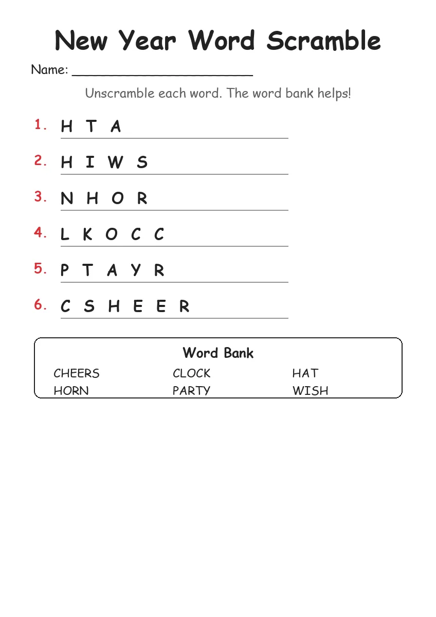 New Year word scramble worksheet for Kindergarten