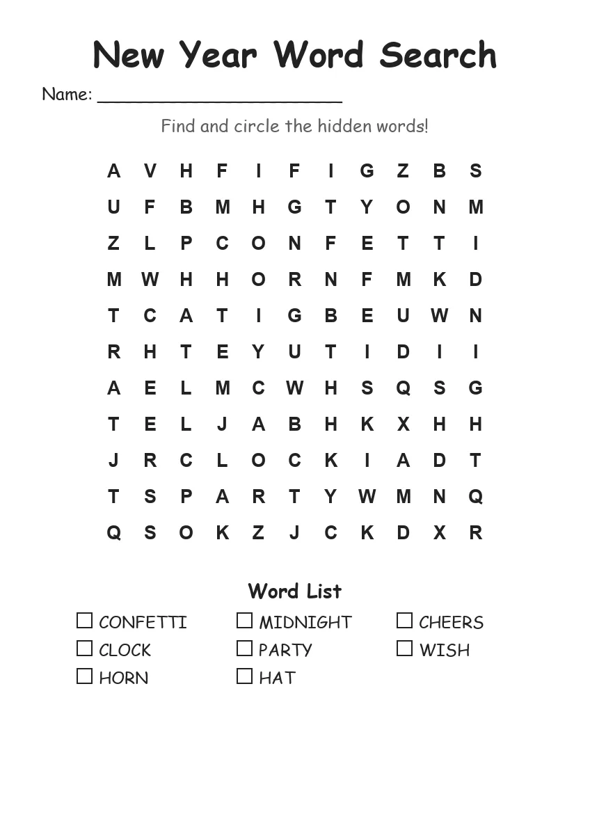 New Year word search worksheet for Grade 1