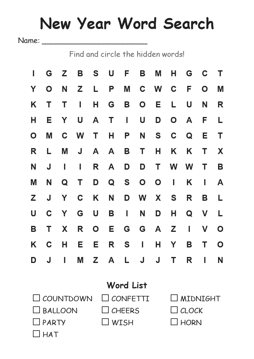 New Year word search worksheet for Grade 2