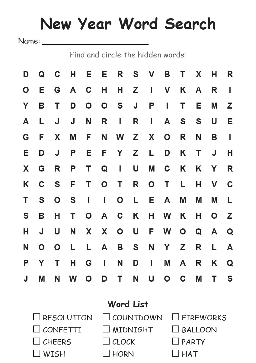 New Year word search worksheet for Grade 3