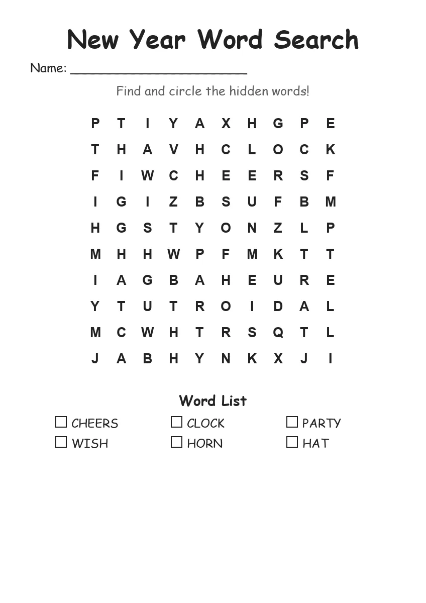 New Year word search worksheet for Kindergarten
