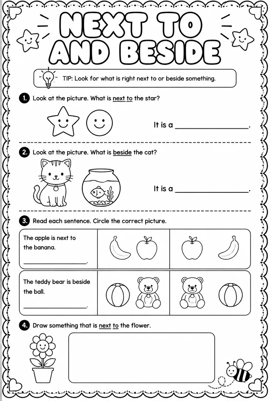 Next to and beside — free printable Pre-K English & Reading worksheet