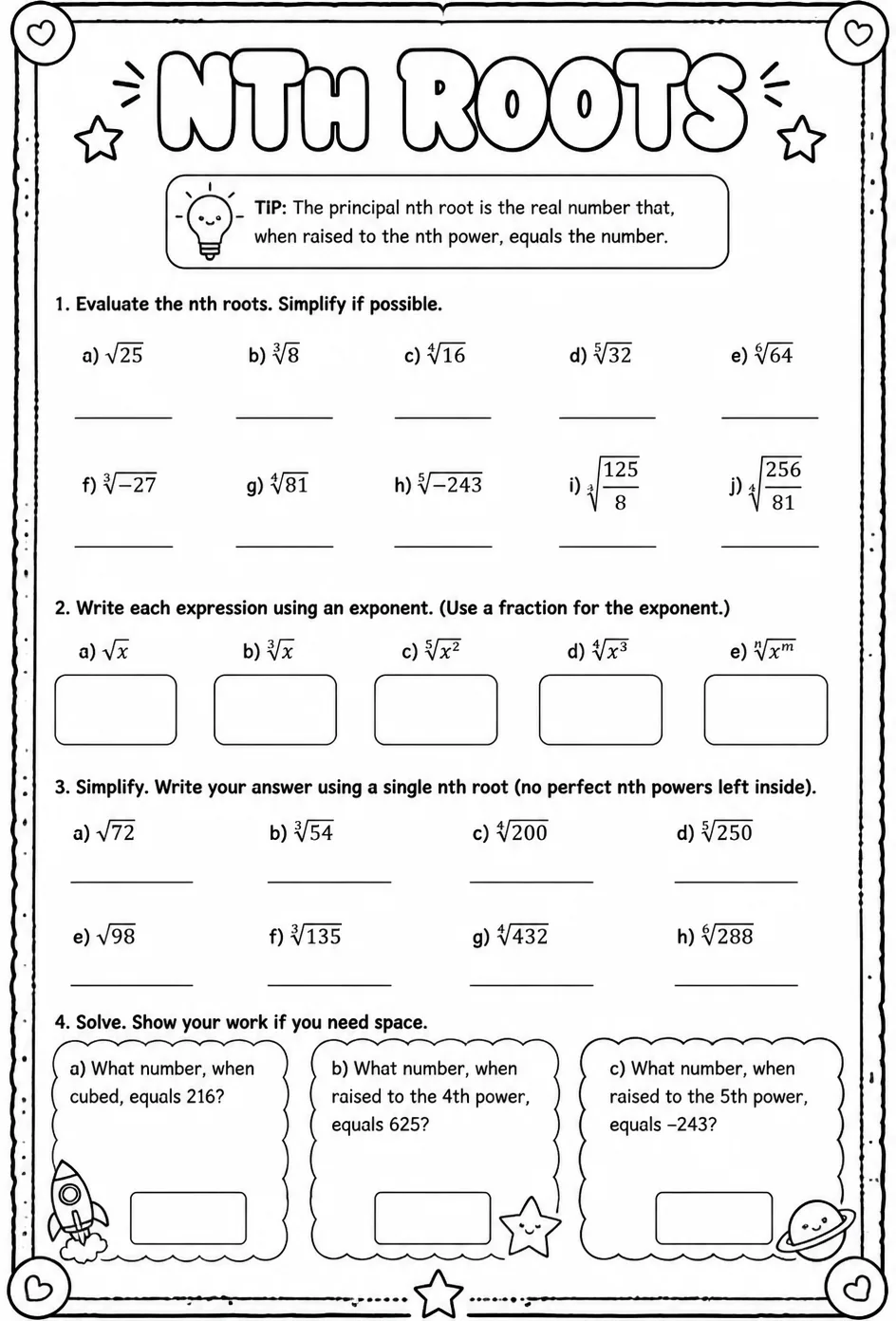 Nth roots — free printable Algebra 2 math worksheet