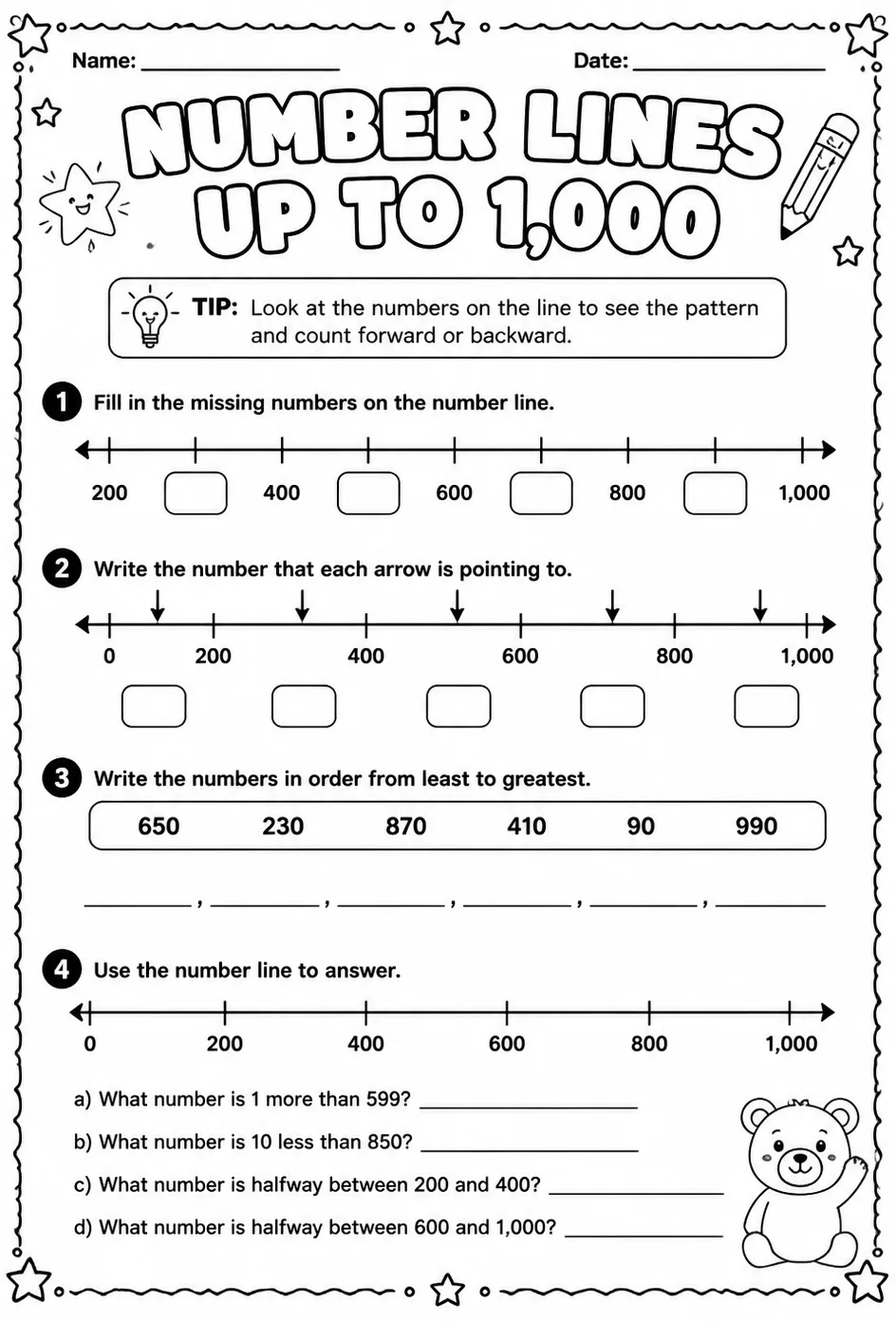Number lines - up to 1,000 — free printable Grade 2 math worksheet