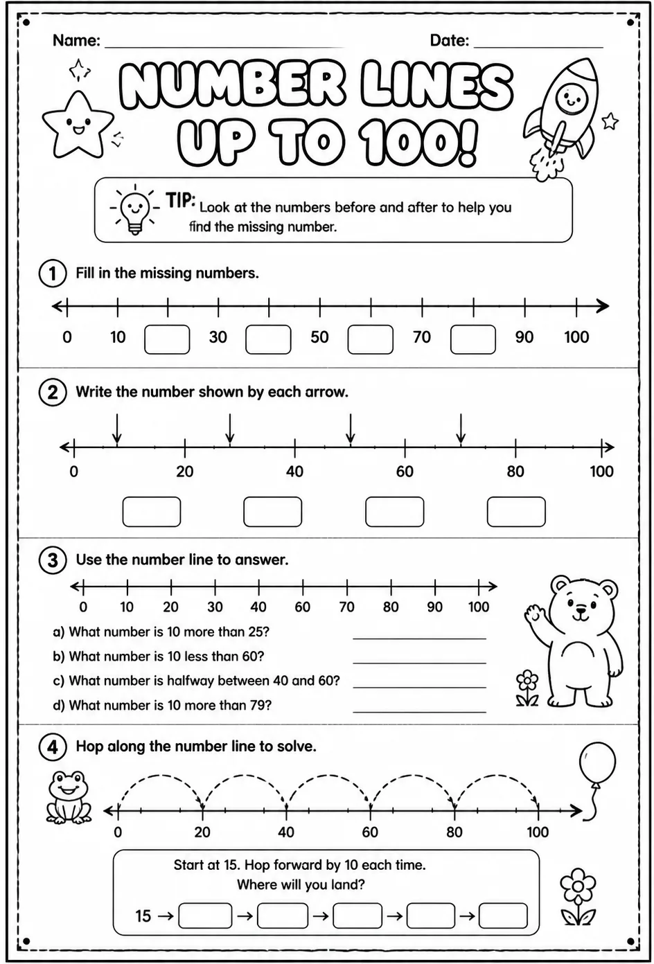 Number lines - up to 100 — free printable Grade 1 math worksheet