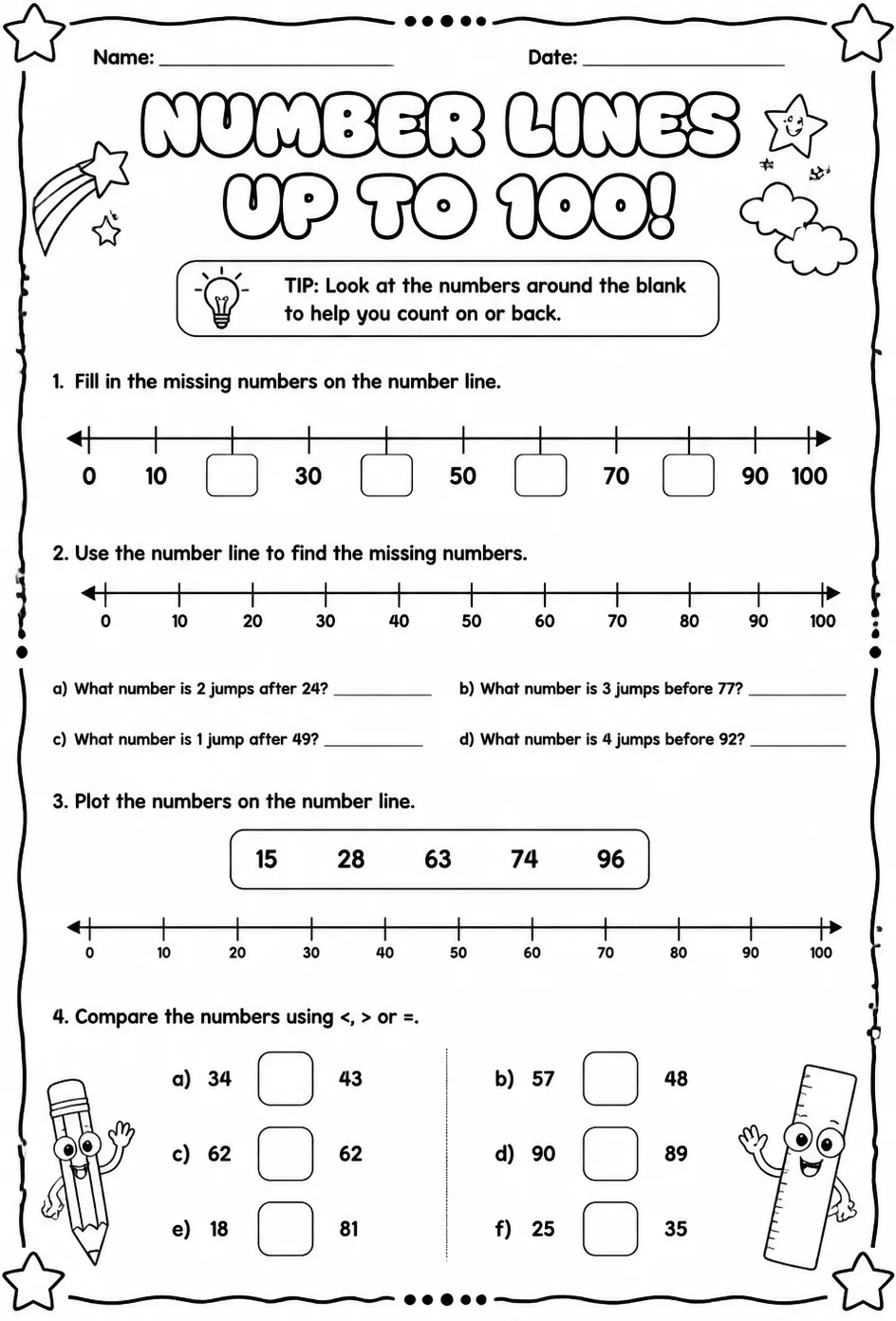 Number lines - up to 100 — free printable Grade 2 math worksheet