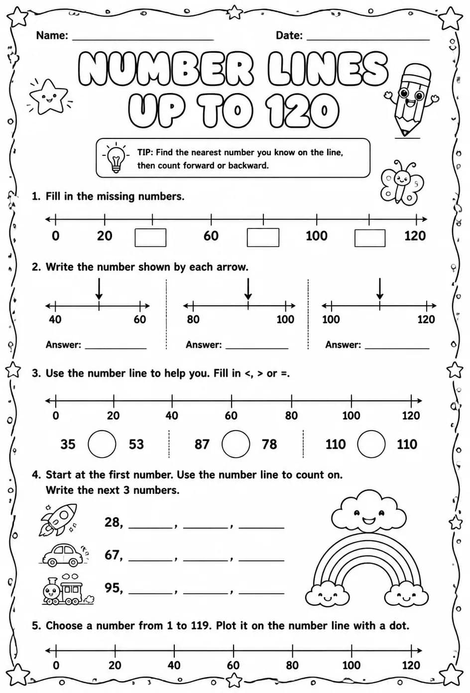 Number lines - up to 120 — free printable Grade 1 math worksheet
